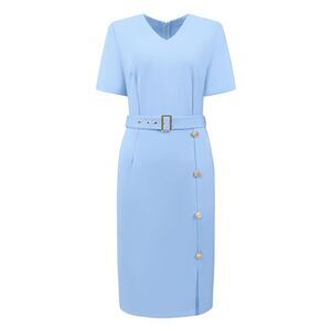 Women's Button Decor Sheath Dress Short Sleeve Belted Pencil Dress Blue